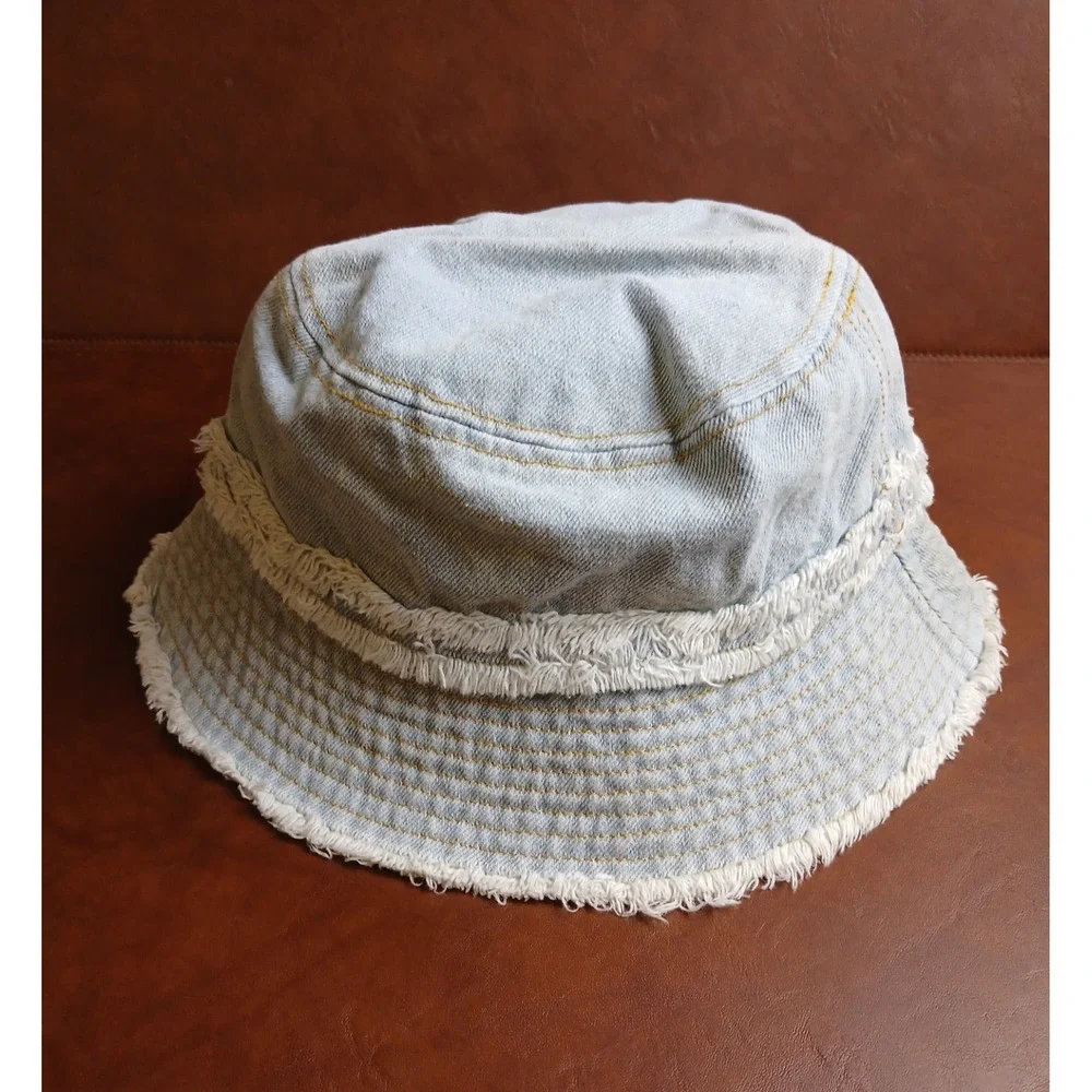 David and Young Light Blue Denim Bucket Hat Fray Hem One Size Fits 8' #1535